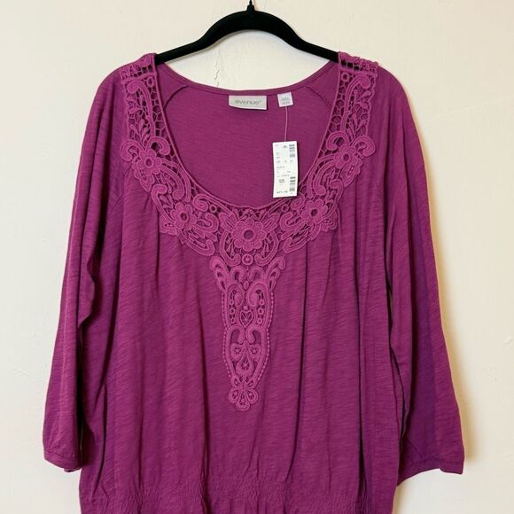 Avenue Boho Peasant Top Raspberry Crochet Trim Scoop Neck Smocked Waist, 18/20 - Picture 3 of 9